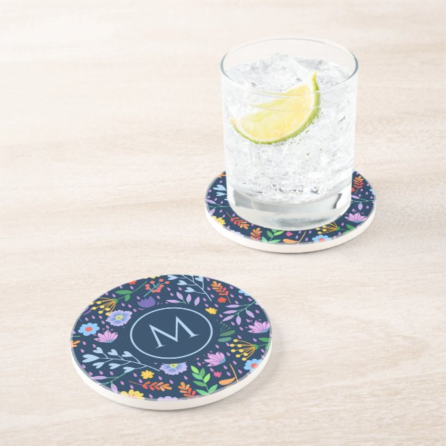 Colorful Flowers Blue background Coaster (Side)