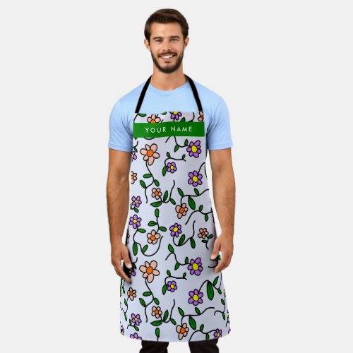 Colorful Flowers Blue Background Green Apron