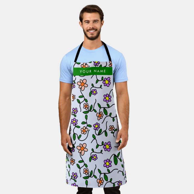 Colorful Flowers, Blue Background, Green Apron (Worn)