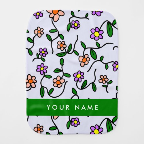 Colorful Flowers Blue Background Green Baby Burp Cloth