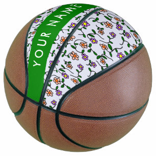 Colorful Flowers, Blue Background, Green Basketball