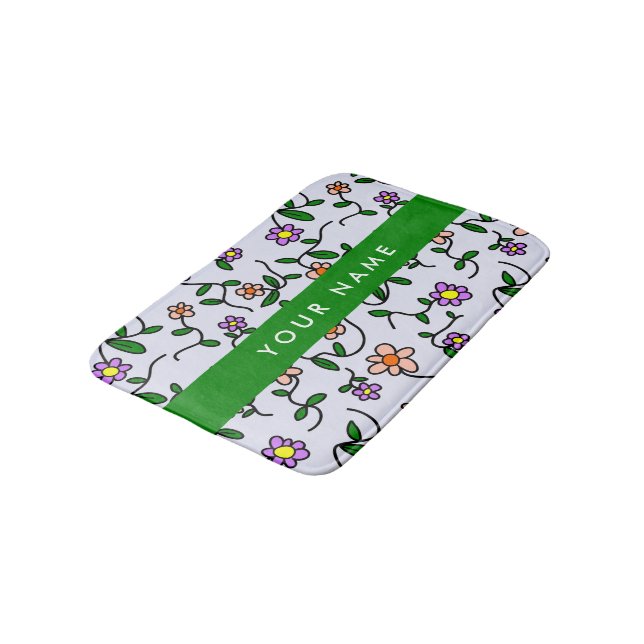 Colorful Flowers, Blue Background, Green Bath Mat (Angled)