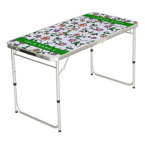 Colorful Flowers Blue Background Green Beer Pong Table