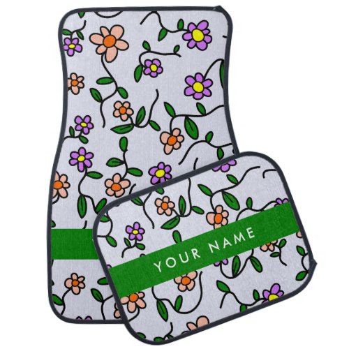 Colorful Flowers Blue Background Green Car Floor Mat