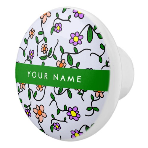 Colorful Flowers Blue Background Green Ceramic Knob