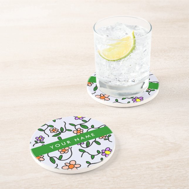 Colorful Flowers, Blue Background, Green Coaster (Side)