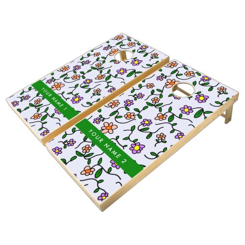 Colorful Flowers Blue Background Green Cornhole Set