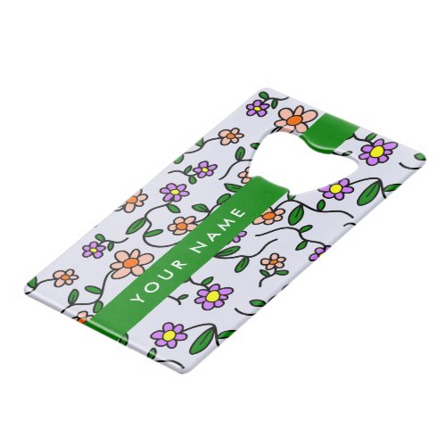 Colorful Flowers Blue Background Green Credit Card Bottle Opener