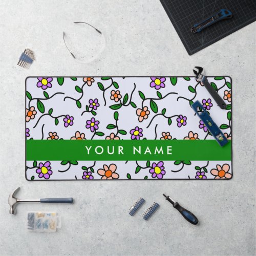 Colorful Flowers Blue Background Green Desk Mat