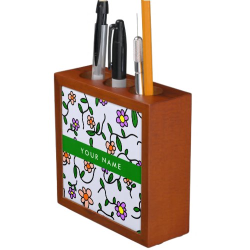 Colorful Flowers Blue Background Green Desk Organizer