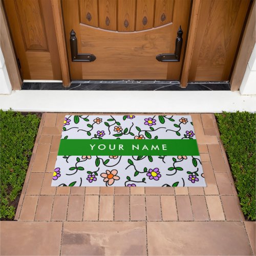 Colorful Flowers Blue Background Green Doormat