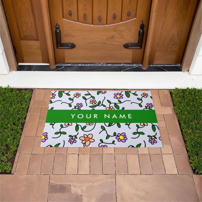 Colorful Flowers, Blue Background, Green Doormat (Outdoor)