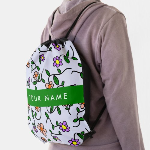 Colorful Flowers Blue Background Green Drawstring Bag