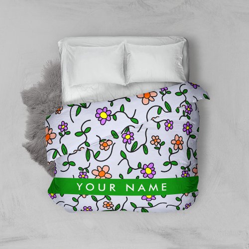 Colorful Flowers Blue Background Green Duvet Cover