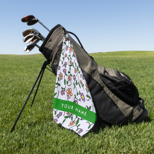 Colorful Flowers Blue Background Green Golf Towel