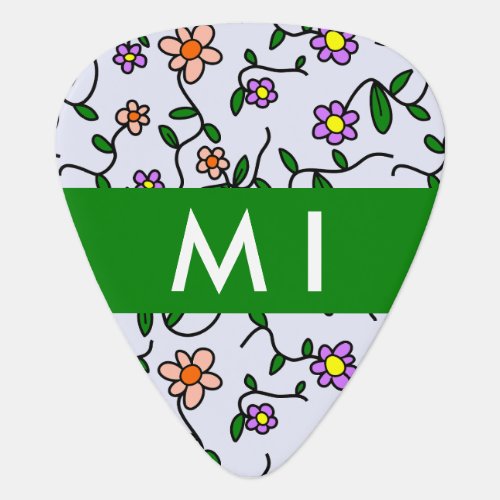 Colorful Flowers Blue Background Green Guitar Pick