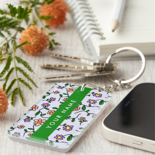 Colorful Flowers, Blue Background, Green Keychain