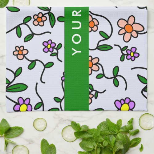 Colorful Flowers Blue Background Green Kitchen Towel