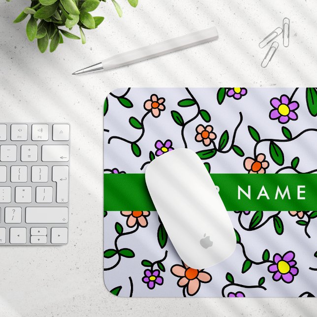 Colorful Flowers, Blue Background, Green Mouse Pad (Creator Uploaded)