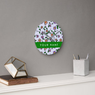 Colorful Flowers, Blue Background, Green Round Clock