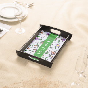 Colorful Flowers, Blue Background, Green Serving Tray