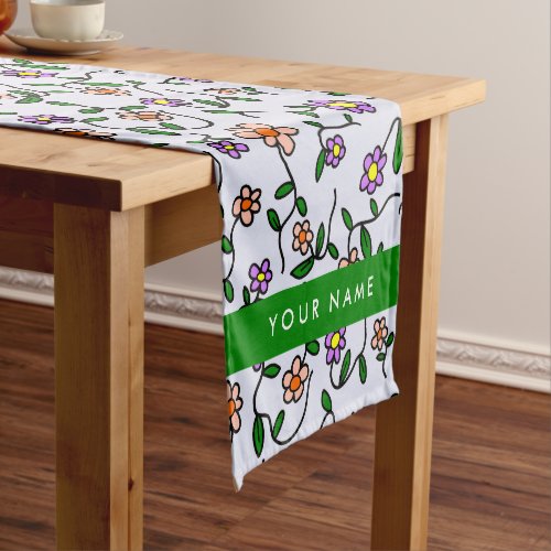 Colorful Flowers Blue Background Green Short Table Runner