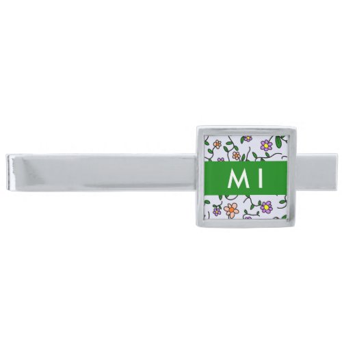 Colorful Flowers Blue Background Green Silver Finish Tie Bar