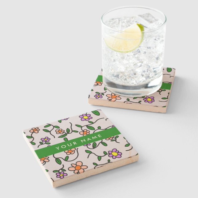 Colorful Flowers, Blue Background, Green Stone Coaster (Side)
