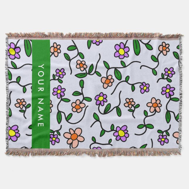 Colorful Flowers, Blue Background, Green Throw Blanket (Front)