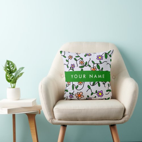 Colorful Flowers Blue Background Green Throw Pillow