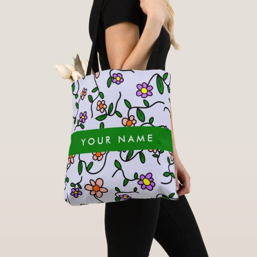 Colorful Flowers Blue Background Green Tote Bag