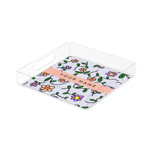 Colorful Flowers Blue Background Orange Acrylic Tray