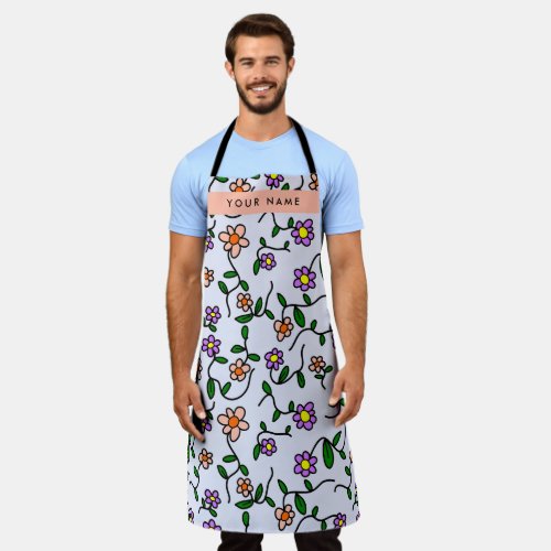 Colorful Flowers Blue Background Orange Apron