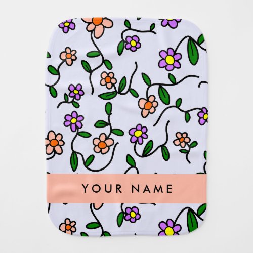 Colorful Flowers Blue Background Orange Baby Burp Cloth