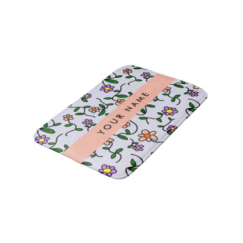 Colorful Flowers Blue Background Orange Bath Mat