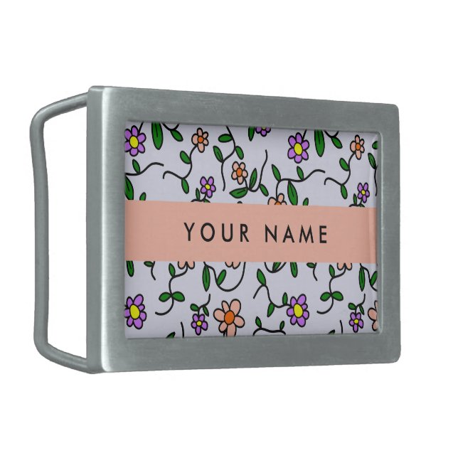 Colorful Flowers, Blue Background, Orange Belt Buckle (Front Left)