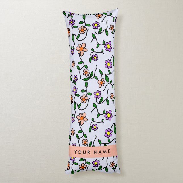 Colorful Flowers, Blue Background, Orange Body Pillow (Back (Vertical))