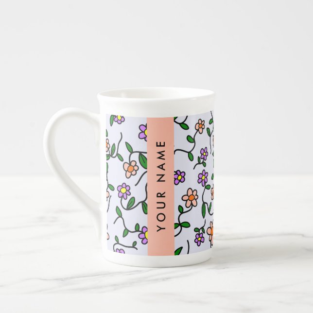 Colorful Flowers, Blue Background, Orange Bone China Mug (Left)