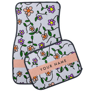 Colorful Flowers, Blue Background, Orange Car Floor Mat