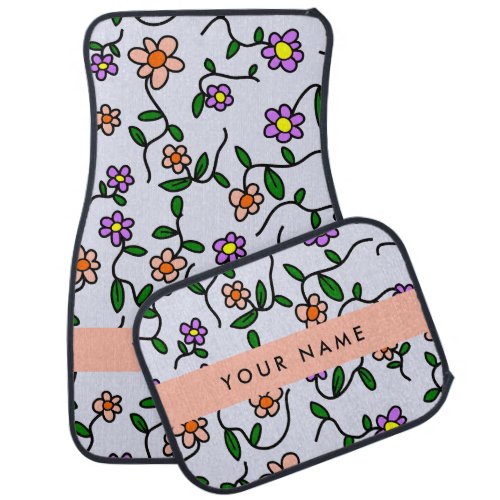 Colorful Flowers Blue Background Orange Car Floor Mat