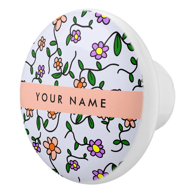 Colorful Flowers, Blue Background, Orange Ceramic Knob (Right)