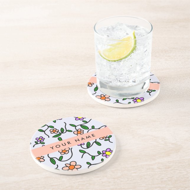 Colorful Flowers, Blue Background, Orange Coaster (Side)