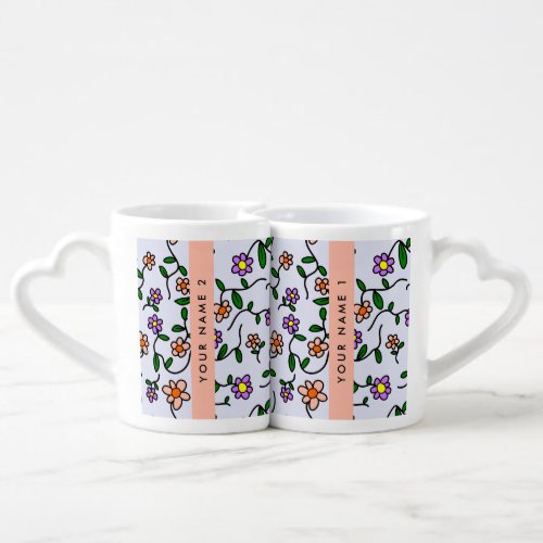 Colorful Flowers Blue Background Orange Coffee Mug Set