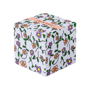 Colorful Flowers, Blue Background, Orange Cube