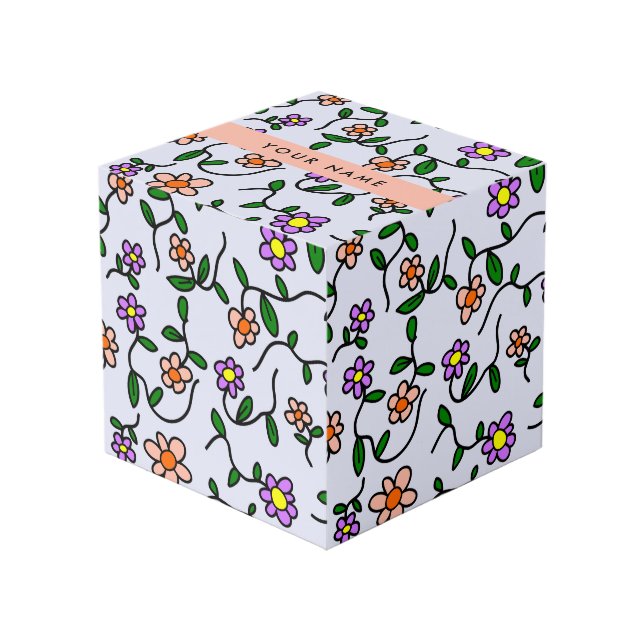 Colorful Flowers, Blue Background, Orange Cube (Front Angled)