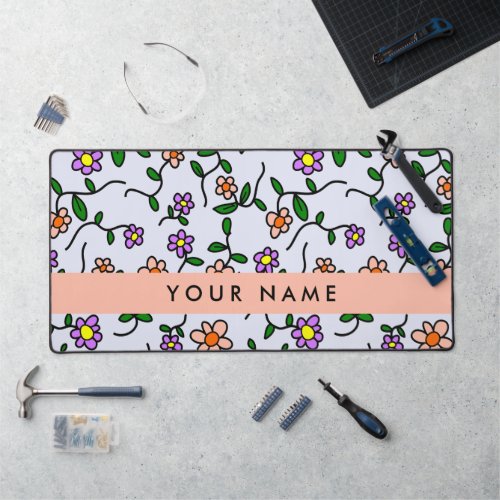 Colorful Flowers Blue Background Orange Desk Mat