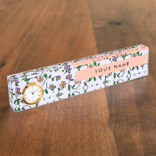 Colorful Flowers, Blue Background, Orange Desk Name Plate