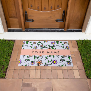 Colorful Flowers, Blue Background, Orange Doormat