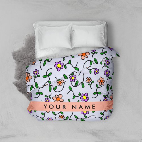 Colorful Flowers Blue Background Orange Duvet Cover