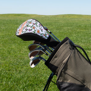 Colorful Flowers, Blue Background, Orange Golf Head Cover